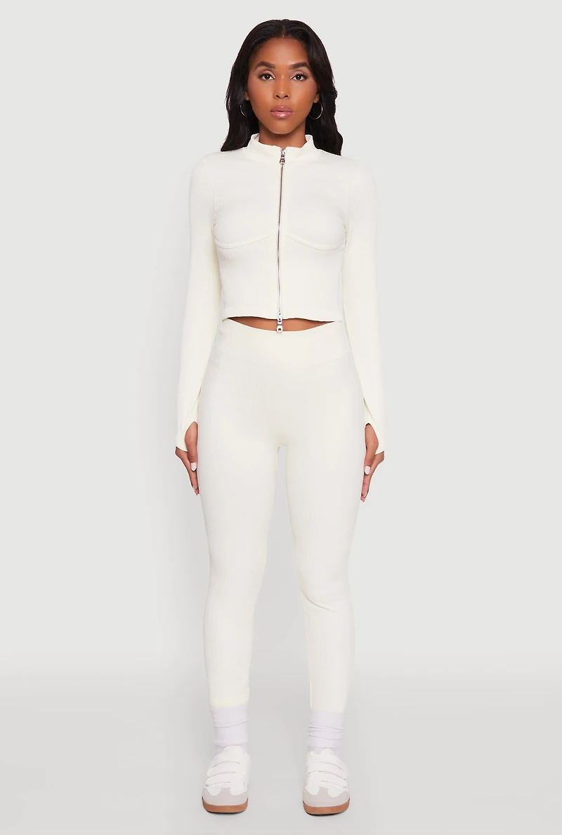 Womens Seamless Ribbed Bustier Detail Cropped Track Jacket, White, Size L-XL