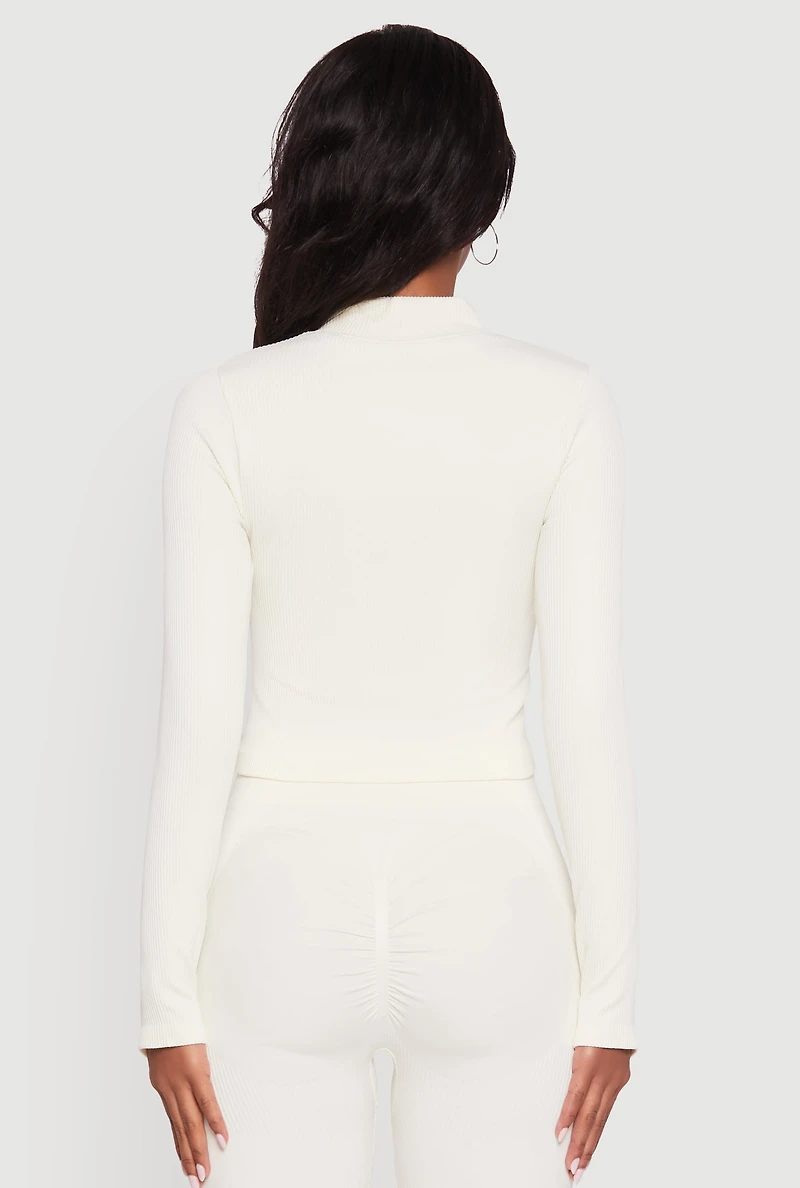 Womens Seamless Ribbed Bustier Detail Cropped Track Jacket, White, Size L-XL