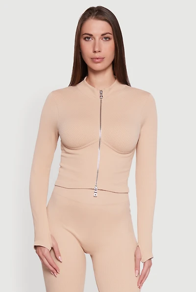 Womens Seamless Ribbed Bustier Detail Cropped Track Jacket, L-XL