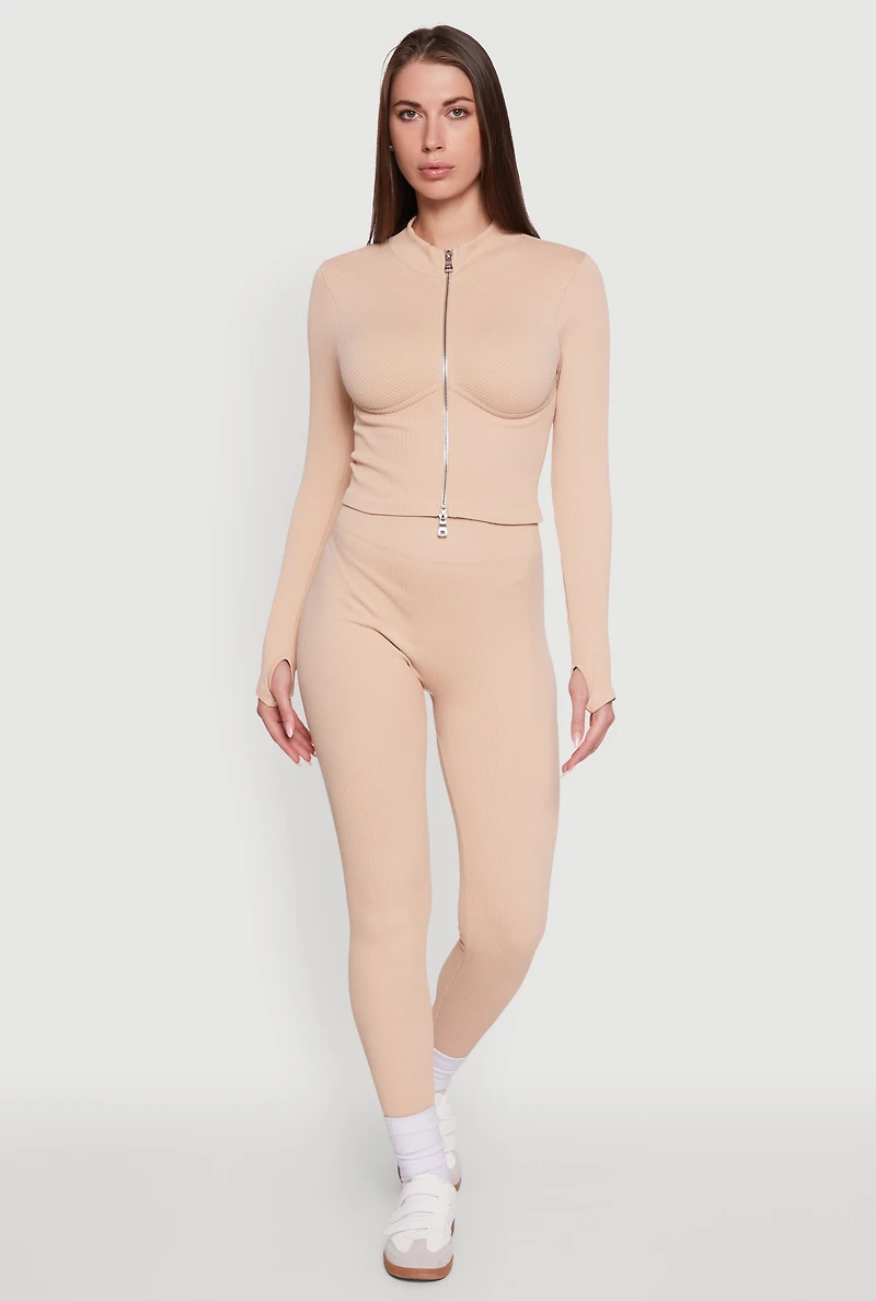 Womens Seamless Ribbed Bustier Detail Cropped Track Jacket, Beige,