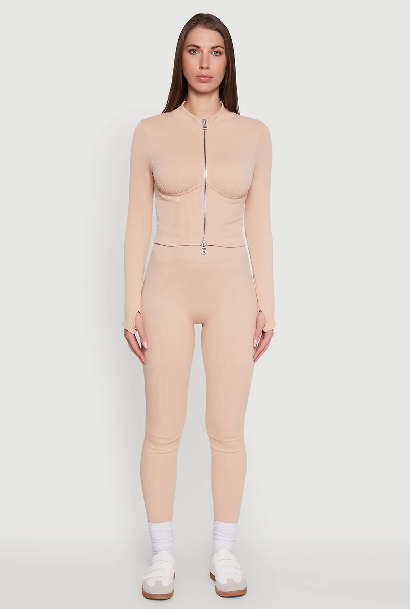 Womens Seamless Ribbed Bustier Detail Cropped Track Jacket, Beige,