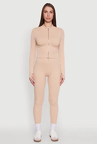 Womens Seamless Ribbed Bustier Detail Cropped Track Jacket, Beige,