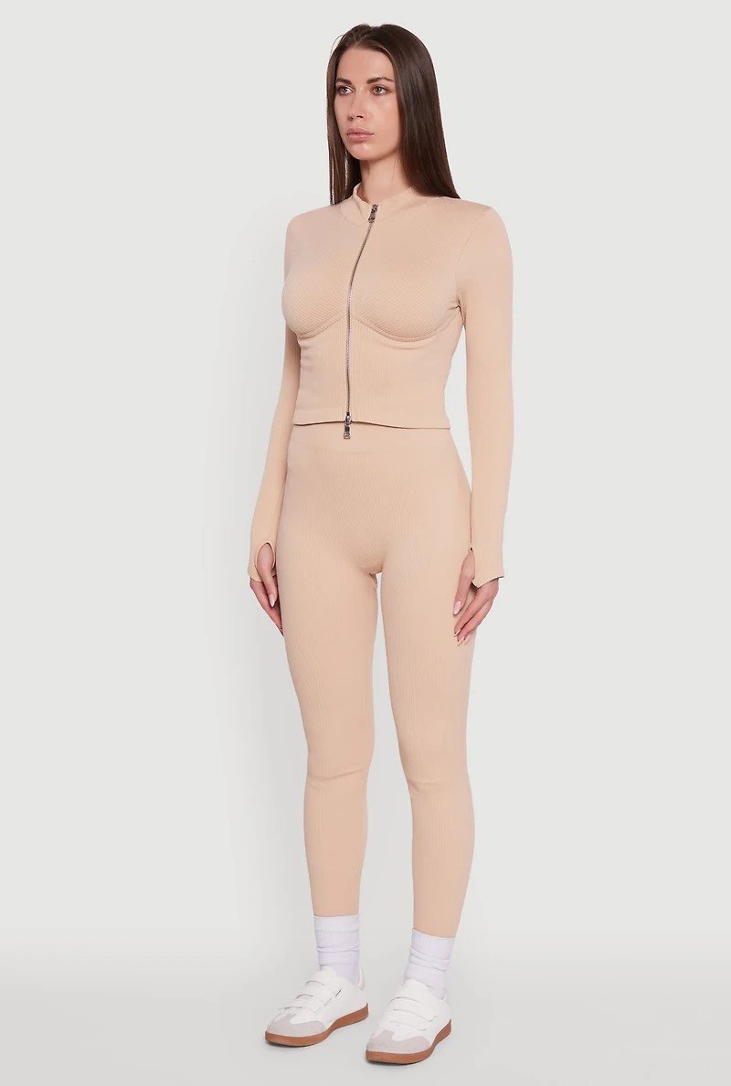 Womens Seamless Ribbed Bustier Detail Cropped Track Jacket, Beige,