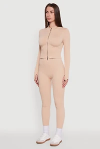 Womens Seamless Ribbed Bustier Detail Cropped Track Jacket, Beige,