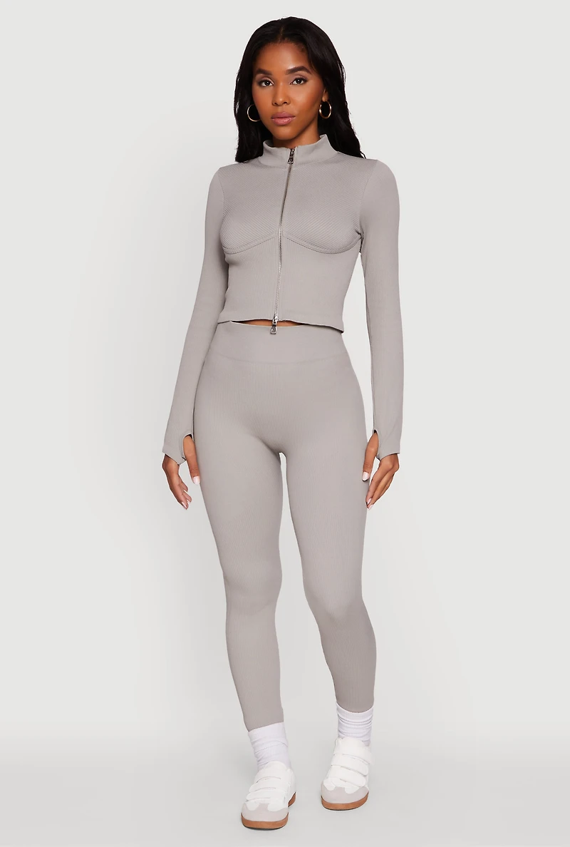 Womens Seamless Ribbed High Waisted Leggings, Grey, Size S-M