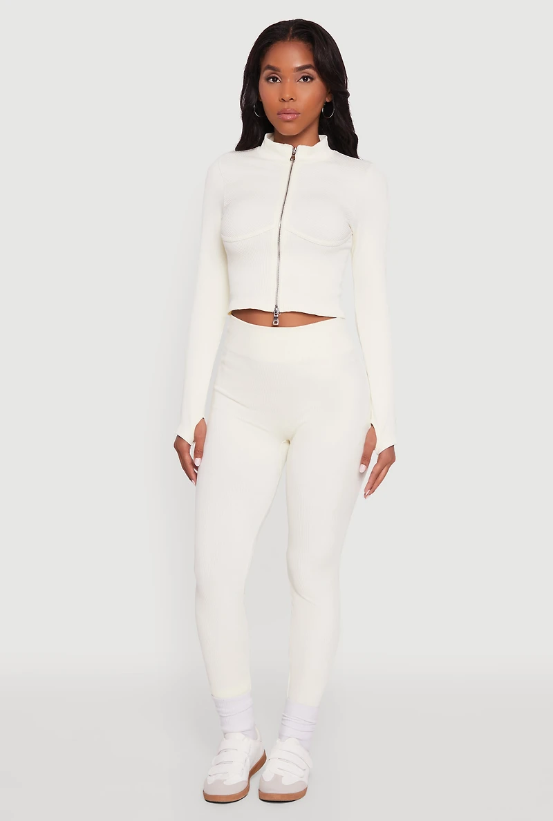Womens Seamless Ribbed High Waisted Leggings, White, Size L-XL