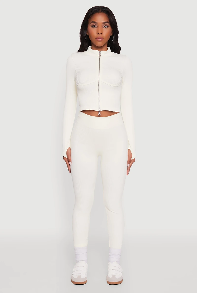 Womens Seamless Ribbed High Waisted Leggings, White, Size L-XL