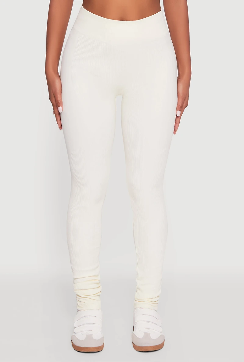 Womens Seamless Ribbed High Waisted Leggings, White, Size L-XL