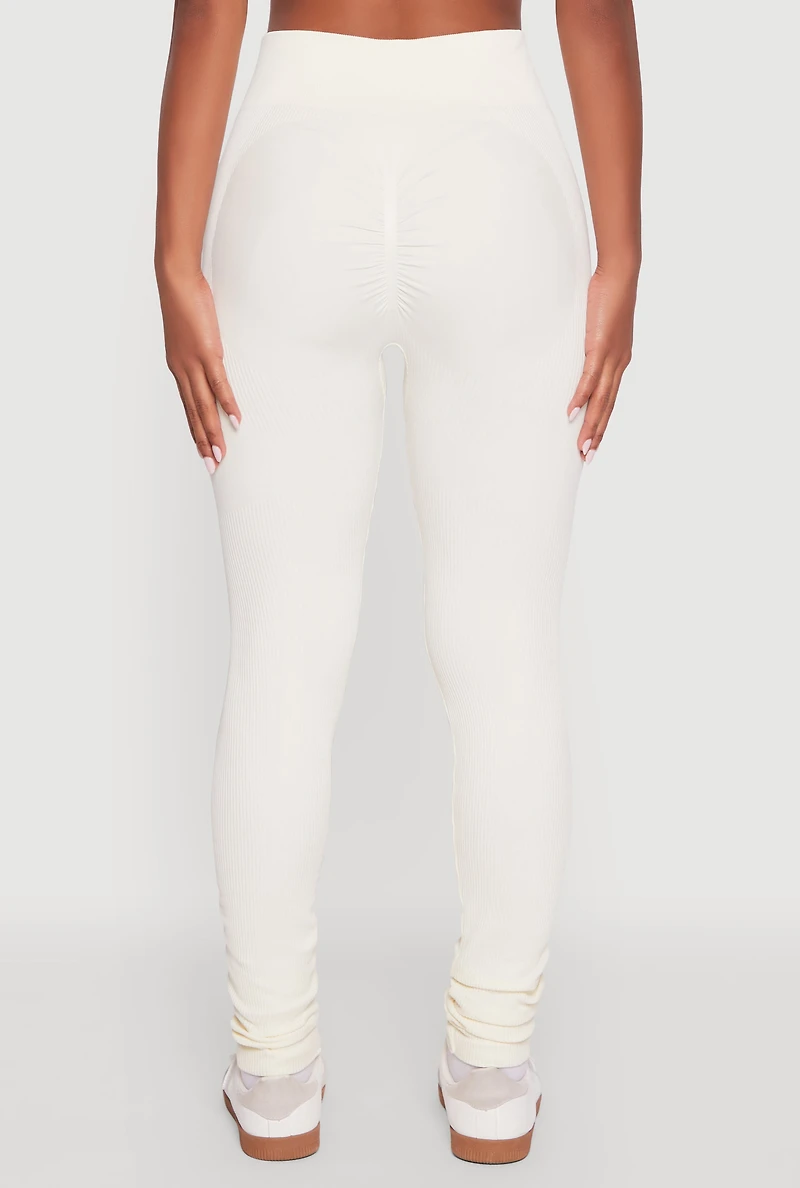 Womens Seamless Ribbed High Waisted Leggings, White, Size L-XL