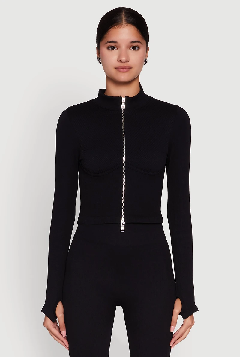 Womens Seamless Ribbed Knit Bustier Detail Cropped Track Jacket, Black, Size S-M