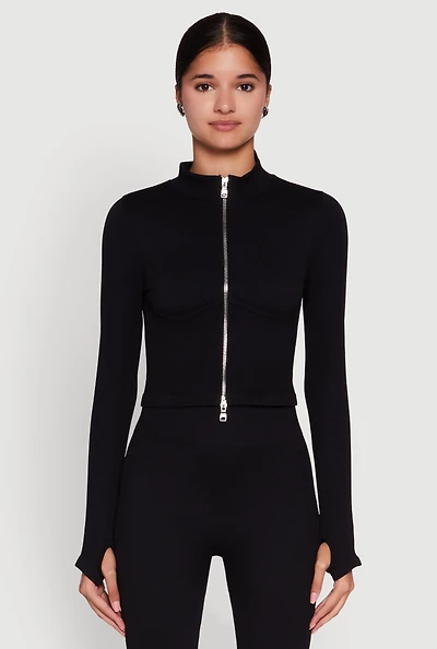 Womens Seamless Ribbed Knit Bustier Detail Cropped Track Jacket, Black, Size S-M