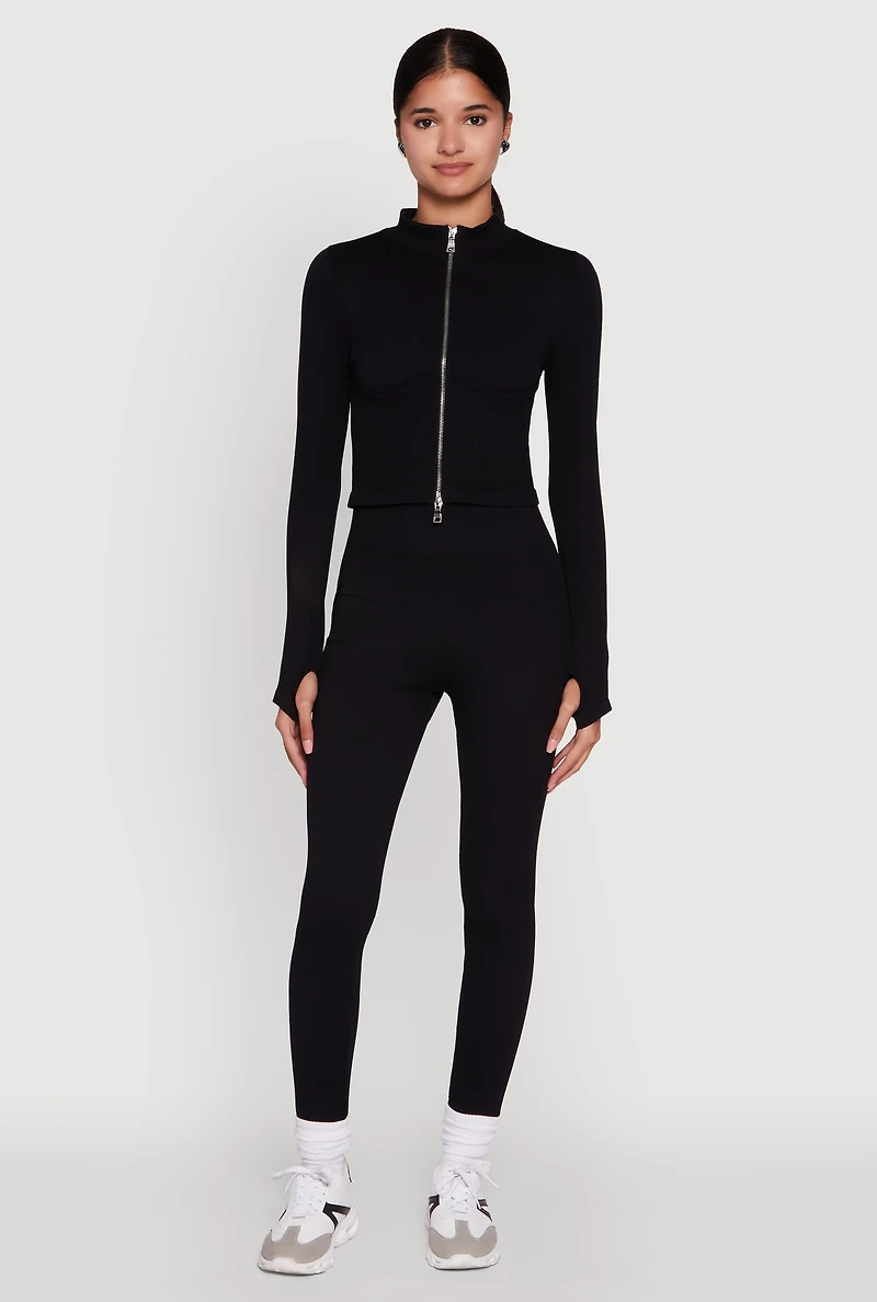 Womens Seamless Ribbed Knit Bustier Detail Cropped Track Jacket,