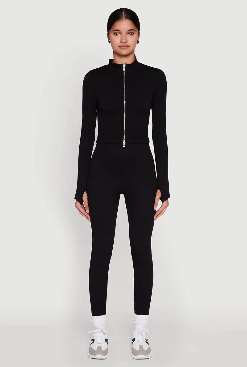 Womens Seamless Ribbed Knit Bustier Detail Cropped Track Jacket, Black, Size S-M