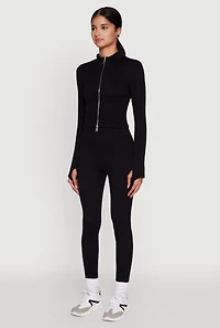 Womens Seamless Ribbed Knit Bustier Detail Cropped Track Jacket, Black, Size S-M
