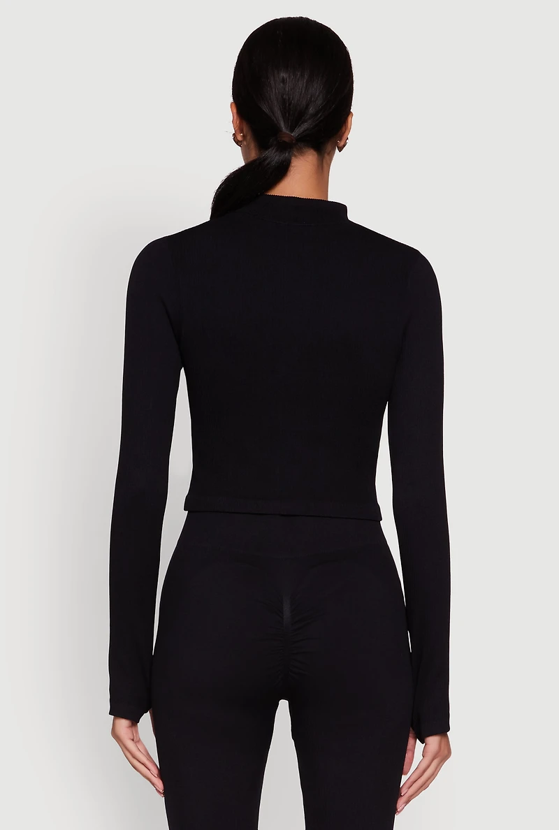 Womens Seamless Ribbed Knit Bustier Detail Cropped Track Jacket, Black, Size S-M
