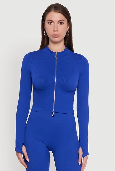 Womens Seamless Ribbed Knit Bustier Detail Cropped Track Jacket, Blue, Size L-XL