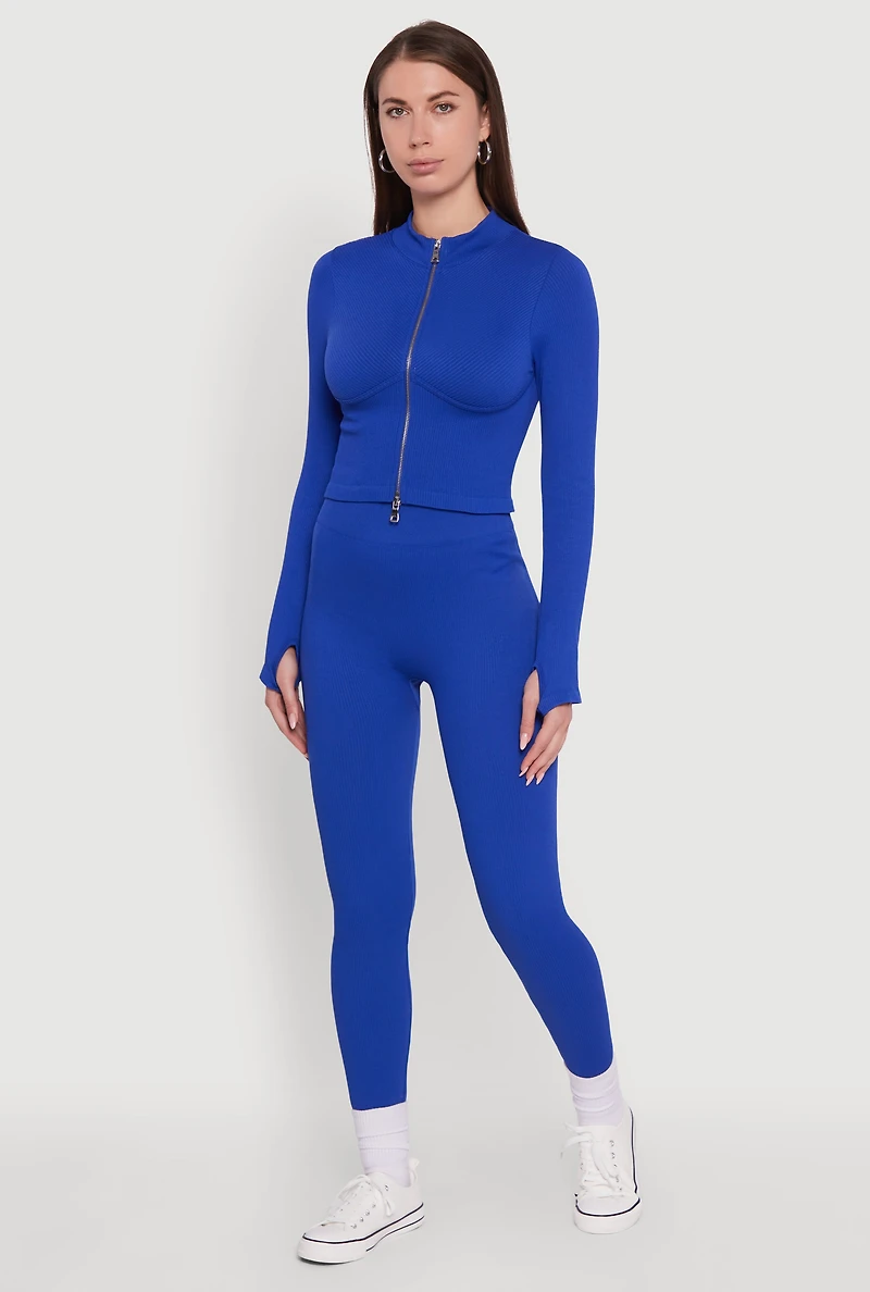Womens Seamless Ribbed Knit Bustier Detail Cropped Track Jacket, Blue, Size L-XL