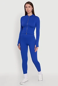 Womens Seamless Ribbed Knit Bustier Detail Cropped Track Jacket, Blue, Size L-XL