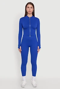 Womens Seamless Ribbed Knit Bustier Detail Cropped Track Jacket, Blue, Size L-XL