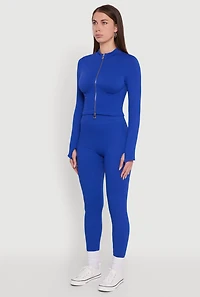 Womens Seamless Ribbed Knit Bustier Detail Cropped Track Jacket, Blue, Size L-XL