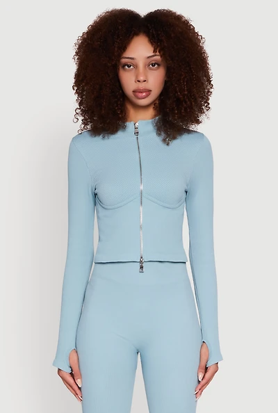 Womens Seamless Ribbed Knit Bustier Detail Cropped Track Jacket, L-XL