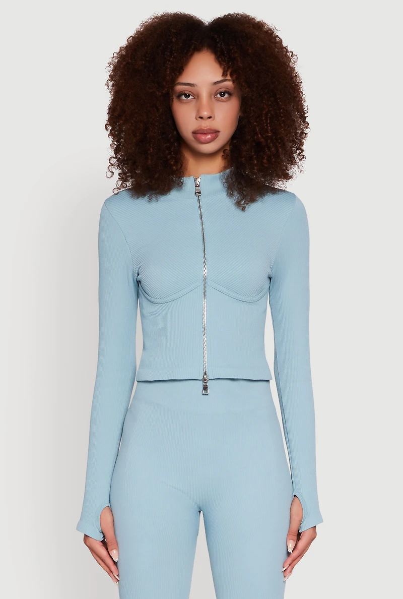 Seamless Ribbed Knit Bustier Detail Cropped Track Jacket