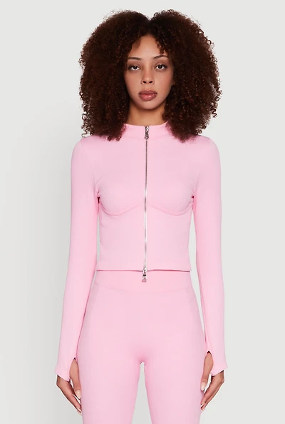 Womens Seamless Ribbed Knit Bustier Detail Cropped Track Jacket, Pink, Size S-M