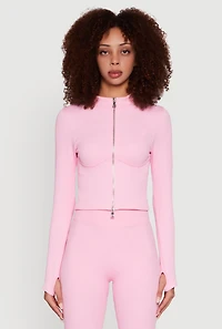 Seamless Ribbed Knit Bustier Detail Cropped Track Jacket