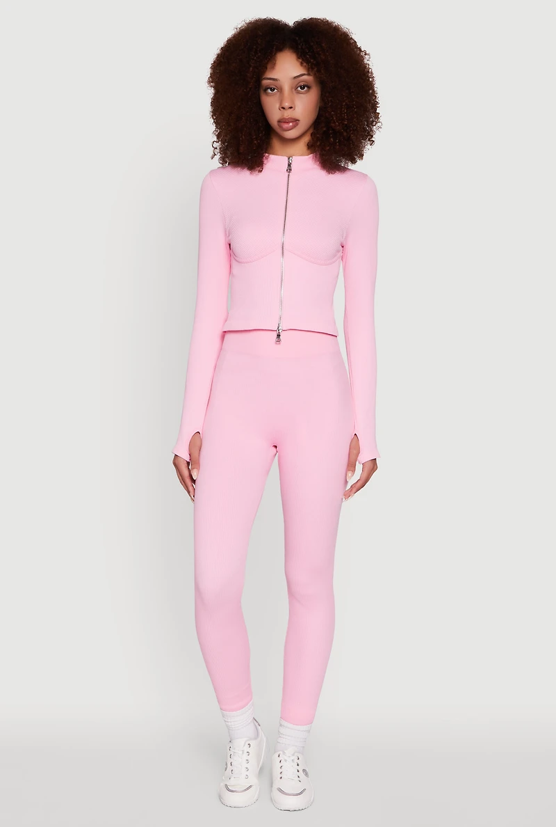 Womens Seamless Ribbed Knit Bustier Detail Cropped Track Jacket, Pink,