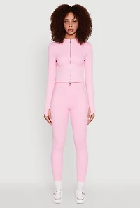 Womens Seamless Ribbed Knit Bustier Detail Cropped Track Jacket, Pink,