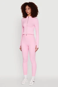 Womens Seamless Ribbed Knit Bustier Detail Cropped Track Jacket, Pink,
