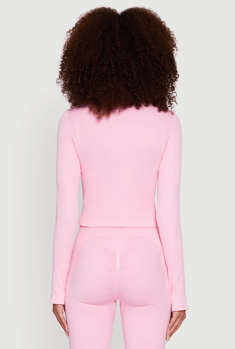 Womens Seamless Ribbed Knit Bustier Detail Cropped Track Jacket, Pink,