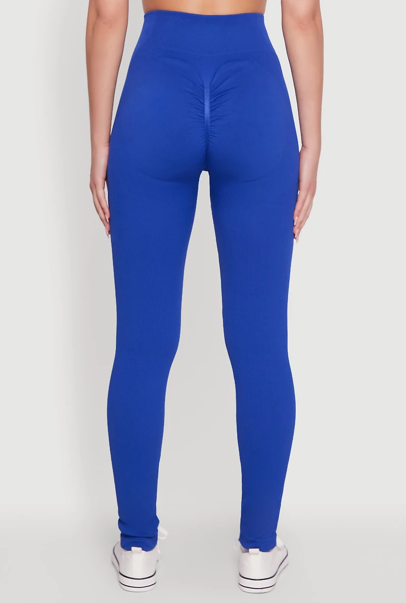 Womens Seamless Ruched Back High Waisted Leggings, Blue, Size L-XL