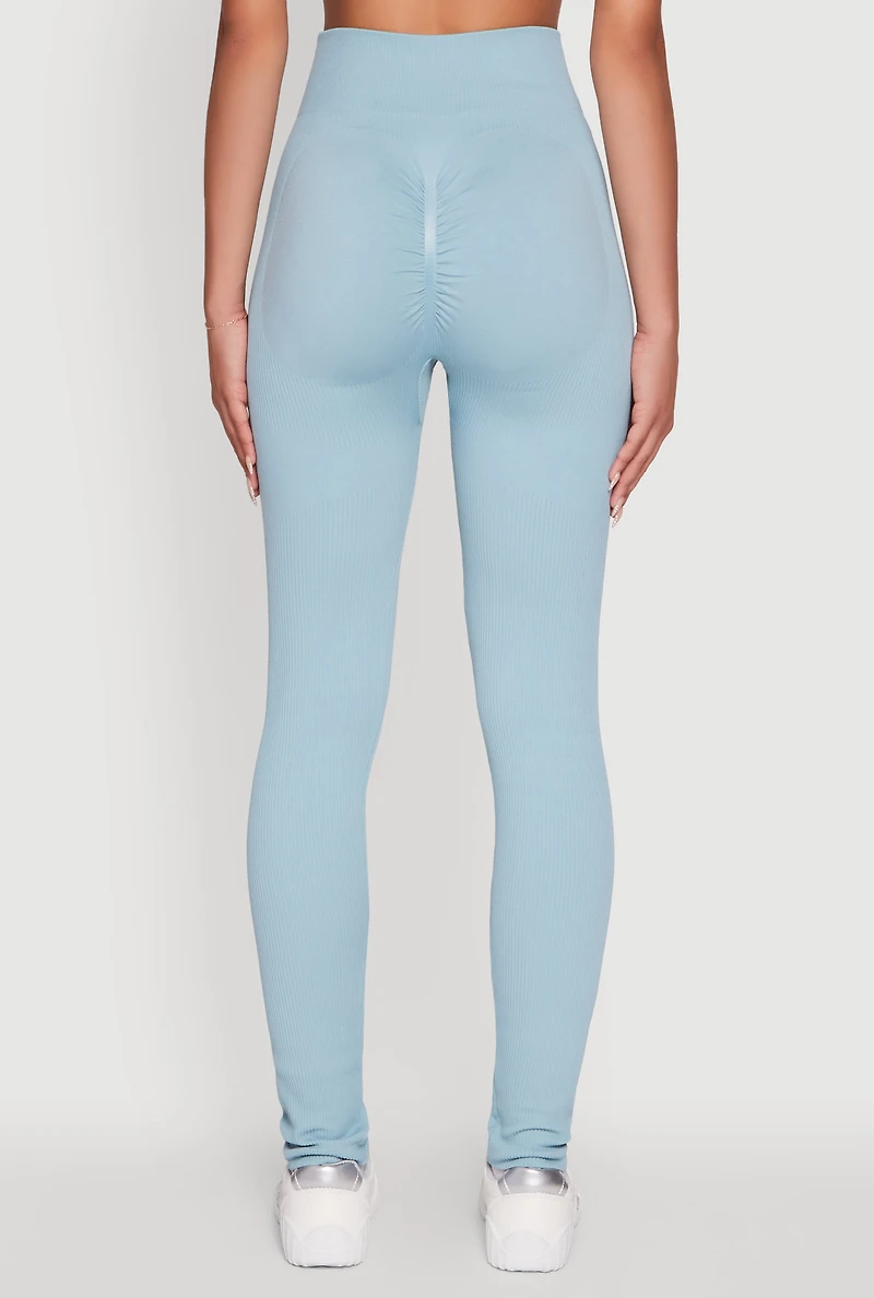 Womens Seamless Ruched Back High Waisted Leggings, Blue, Size S-M