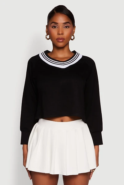 Womens Contrast Trim V-Neck Cropped Sweatshirt,