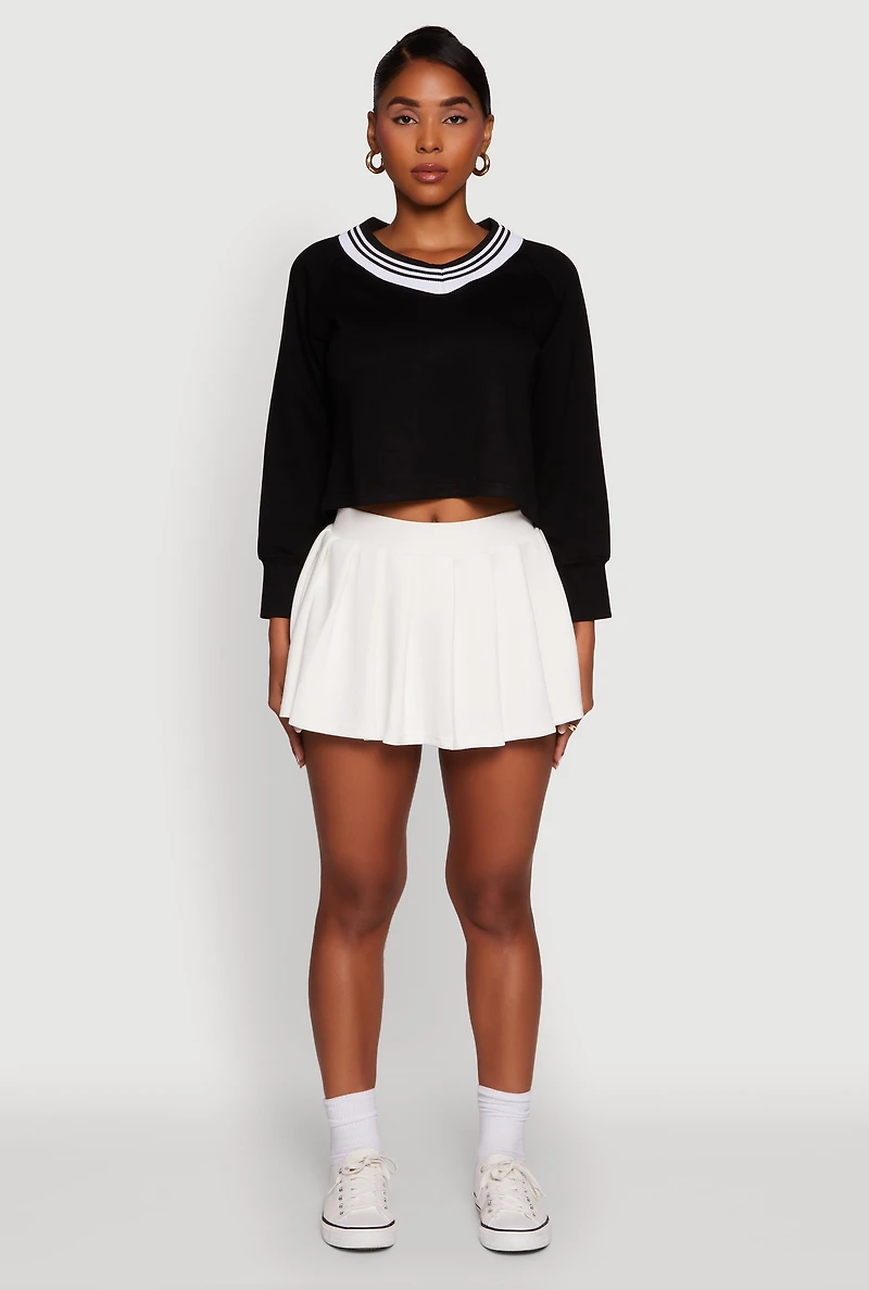 Womens Contrast Trim V-Neck Cropped Sweatshirt, Black,