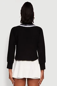 Womens Contrast Trim V-Neck Cropped Sweatshirt, Black,