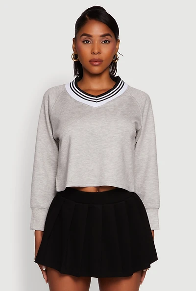 Womens Contrast Trim V-Neck Cropped Sweatshirt, Grey, Size XL