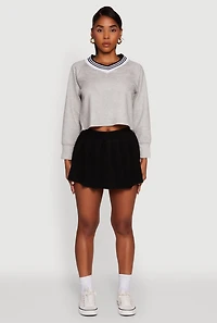 Womens Contrast Trim V-Neck Cropped Sweatshirt, Grey, Size XL