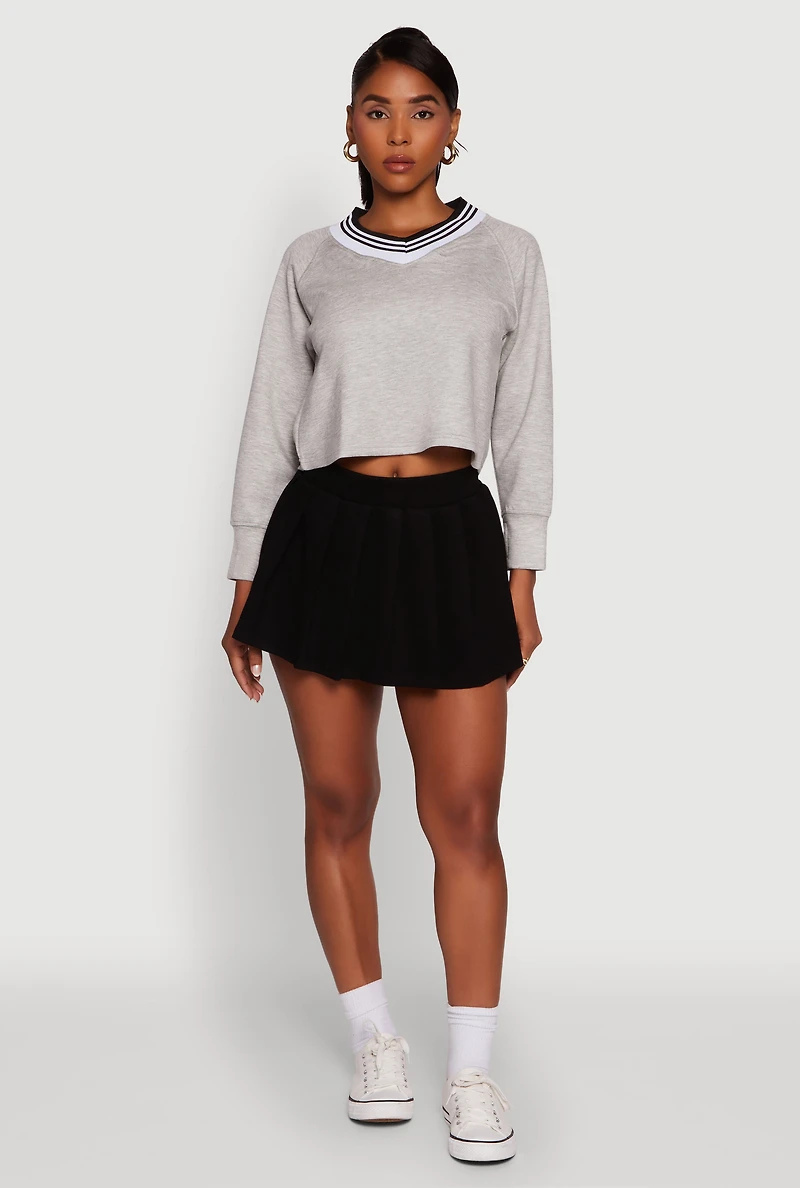 Womens Contrast Trim V-Neck Cropped Sweatshirt, Grey, Size L