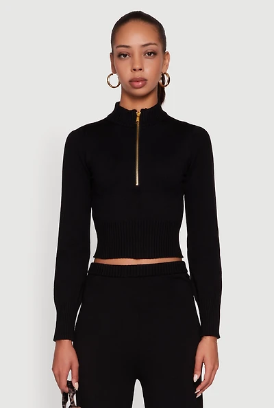 Womens Mock Neck Half Zip Long Sleeve Cropped Sweater,