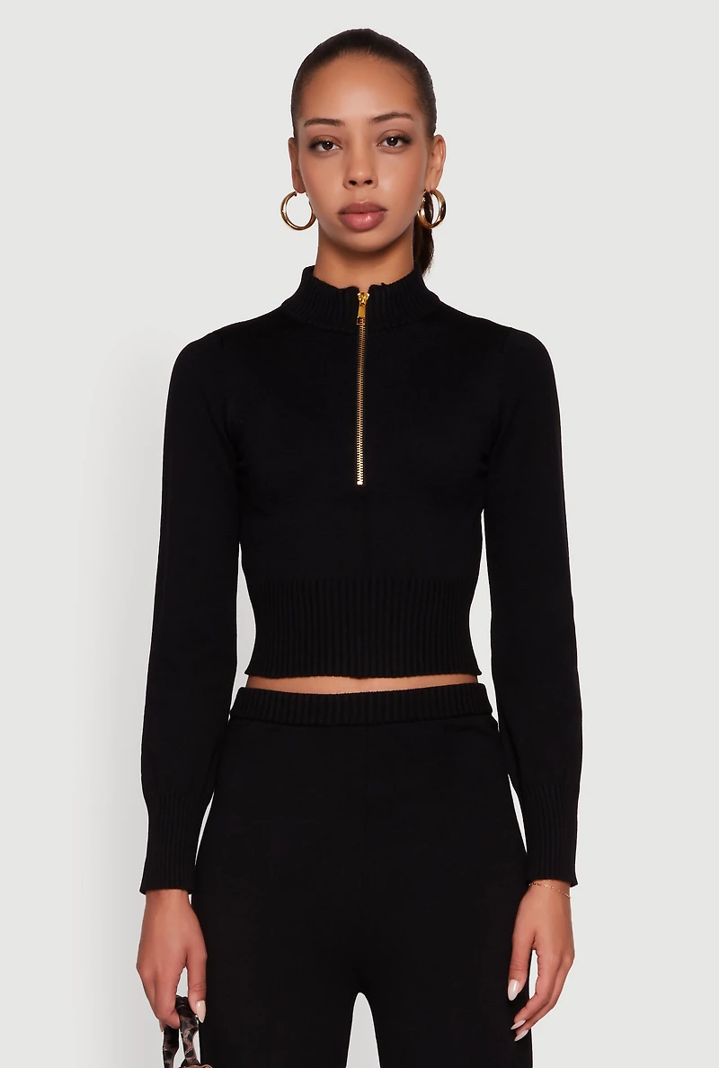 Mock Neck Half Zip Long Sleeve Cropped Sweater