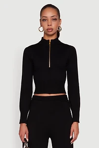 Mock Neck Half Zip Long Sleeve Cropped Sweater