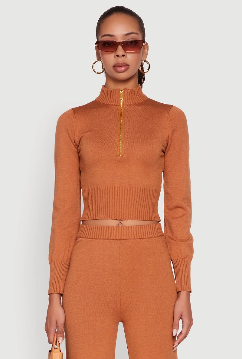 Womens Mock Neck Half Zip Long Sleeve Cropped Sweater,