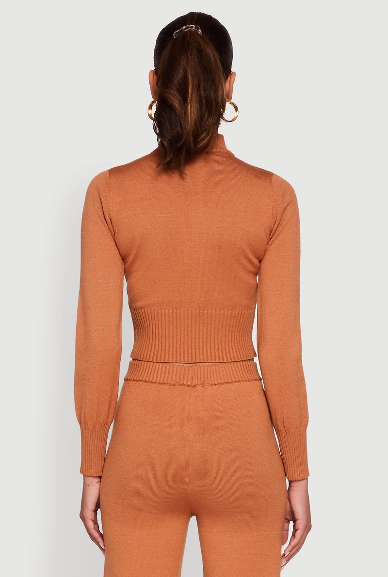Womens Mock Neck Half Zip Long Sleeve Cropped Sweater, Brown, Size S
