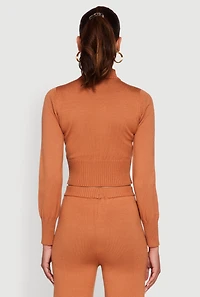 Womens Mock Neck Half Zip Long Sleeve Cropped Sweater, Brown, Size S