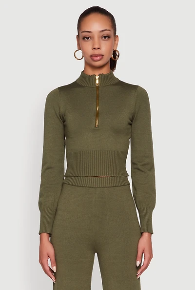 Mock Neck Half Zip Long Sleeve Cropped Sweater