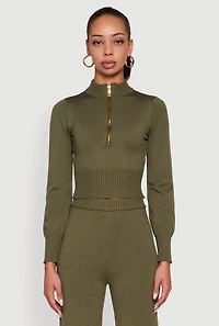 Mock Neck Half Zip Long Sleeve Cropped Sweater