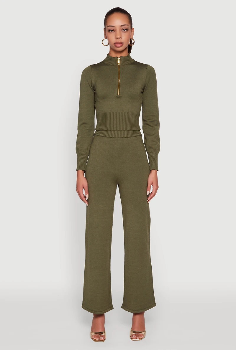 Womens Mock Neck Half Zip Long Sleeve Cropped Sweater, Green, Size L