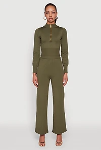 Womens Mock Neck Half Zip Long Sleeve Cropped Sweater, Green, Size L